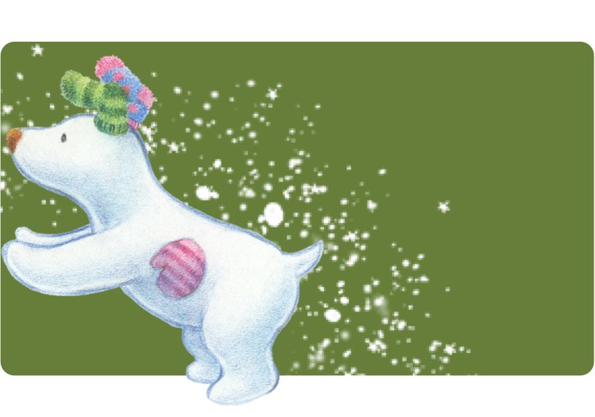 An image of The Snowdog stood on his back paws and his front paws raised, looking left, on a green background with snowflake decorations.